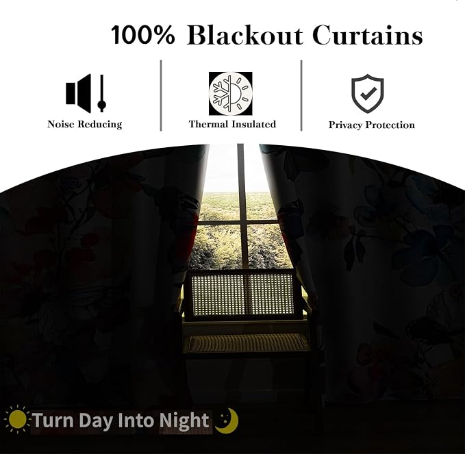 Pink Floral 100% Blackout Curtains 63 inch Length 2 Panels Black Out Drapes Colorful Butterfly Vintage Flower Pattern Thermal Insulated Window Treatment Curtain for Bedroom Living Room 52 x 63 Inch