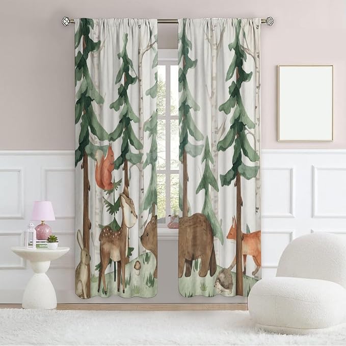 Forest Nursery Curtains - Woodland Bear & Wildlife Theme, Blackout 63x63 Inch 2 Panels