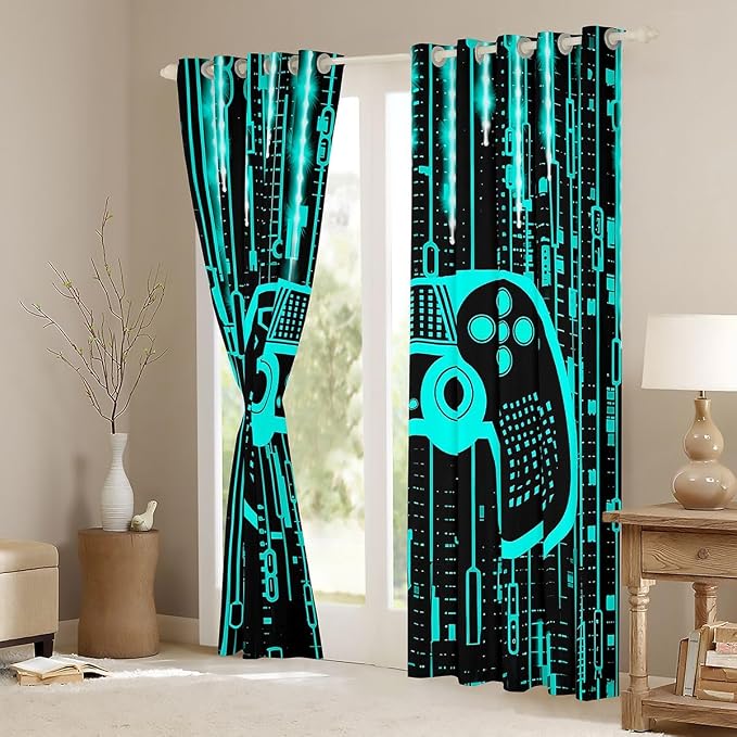 Feelyou Kids Boys Blue Gamer Window Curtains Gamer Darkening Drapes Light 3D Gaming Blackout Curtains Toddler Game Room Window Treatments Gamepad (2 Panels, 42 x 63 Inch)