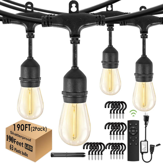 190FT Remote Controlled Outdoor String Lights Patio String Lights for Outside, 60+3 Shatterproof S14 Warm Lights String Outdoor for Bistro Café Gazebo Backyard, Linkable, 2 Pack