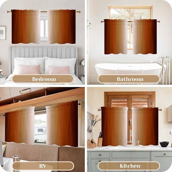Burnt Orange Kitchen Curtains 2 Panels for Dining Room Abstract Rust Art Painting Curtain 39 inch Length Semi Sheer Rod Pocket Window Treatment Panel for Livingroom,27.5"x39"