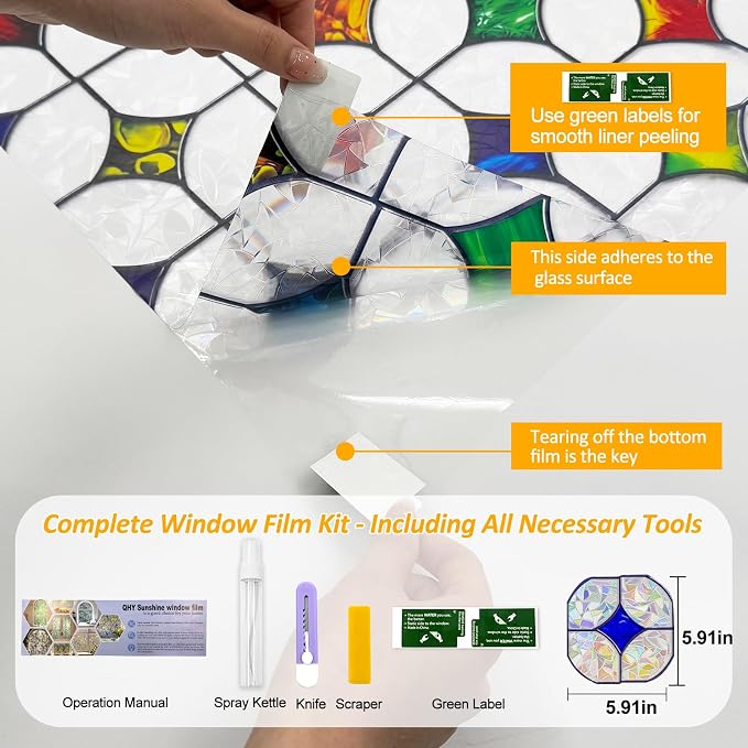 QHY Sunshine Colorful Rainbow Stained Glass Window Film Non-Adhesive Window Privacy Film Reusable Decorative for Room (Rainbow Mosaic, 35.4 X 78.7 in)