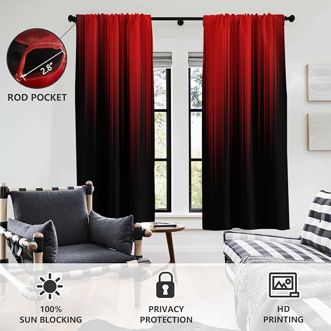 AAtter 100% Blackout Red Black Window Curtains, Rod Pocket 42" W x 63" L | Dark Burgundy Ombre, Thermal Insulated Drapes, Modern Gothic Striped, Abstract Anime Style, 2 Panels Bedroom Decor for Men