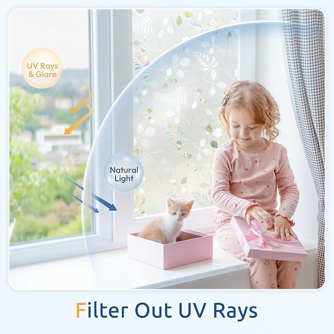 rabbitgoo Window Privacy Film, Frosted Glass Window Film, 23.6" x 157.4" | 3D Autumn Leaf, Stained Glass Removable Decorative Privacy Sticker, Non Adhesive UV Blocking Front Door Covering for Home