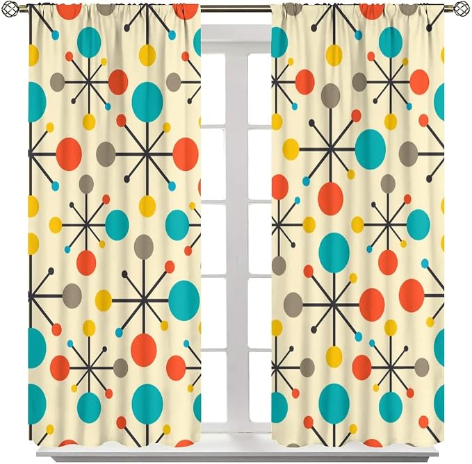 JESTRONRY Mid Century Curtains,Mid Century Fifties Modern Retro Colors Pattern Blackout Rod Pocket Window Drapes for Living Room Bedroom Kitchen Bathroom Home Decor 63x72in