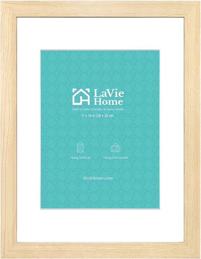 LaVie Home 11x14 Picture Frame Beige Oak Wood Poster Frame, Display Pictures 8x10 with Mat or 11x14 Without Mat, Stable Frame and Polished Plexiglass, Horizontal and Vertical Format of The Walls