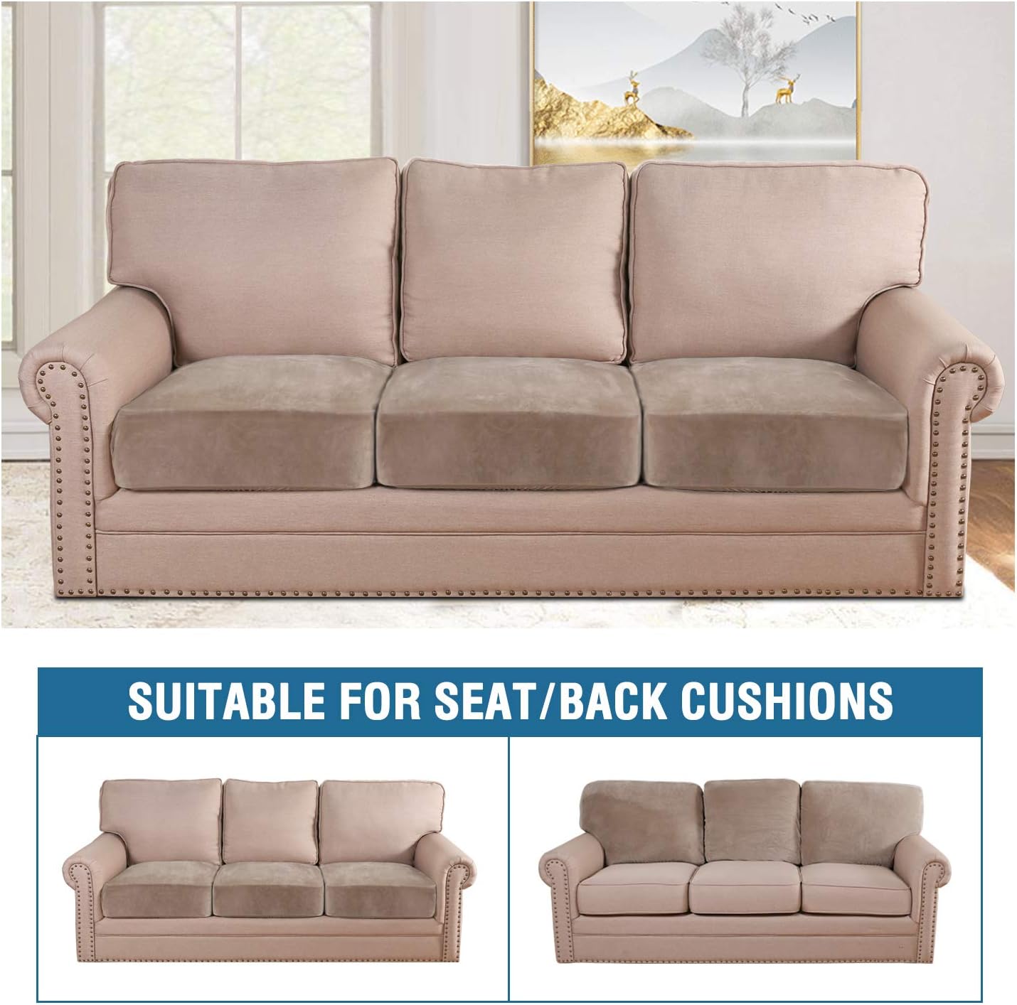 H.VERSAILTEX Velvet Stretch Couch Cushion Cover Plush Cushion Slipcover for Chair Loveseat Sofa Cushion Furniture Protector Seat Cushion Sofa Cover (3 Piece Sofa Cushion Covers, Taupe)