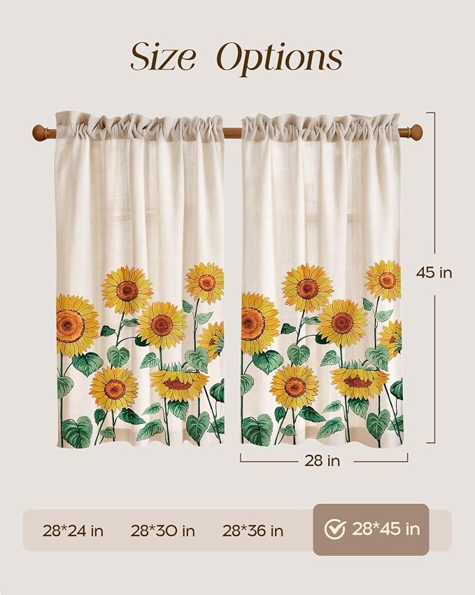 Miss Adola Sunflower Kitchen Tier Curtains - 45 Inch Length Linen Blend Farmhouse Cafe Curtains Floral Small Window Treatments Over Sink Rod Pocket for Bathroom Living Room Light Filtering, 2 Panels