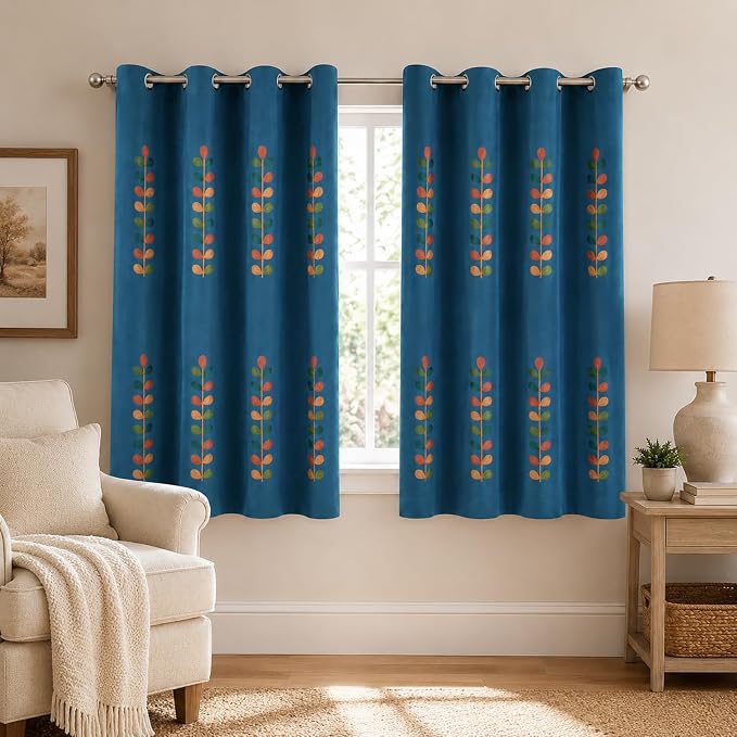 VOGOL Colorful Leaves Embroidered Curtains, Country Style Light Filtering Drapes for Dining Room, Blue View Reducing Privacy Grommet Window Treatments, 52 x 63 Inches, 2 Panels