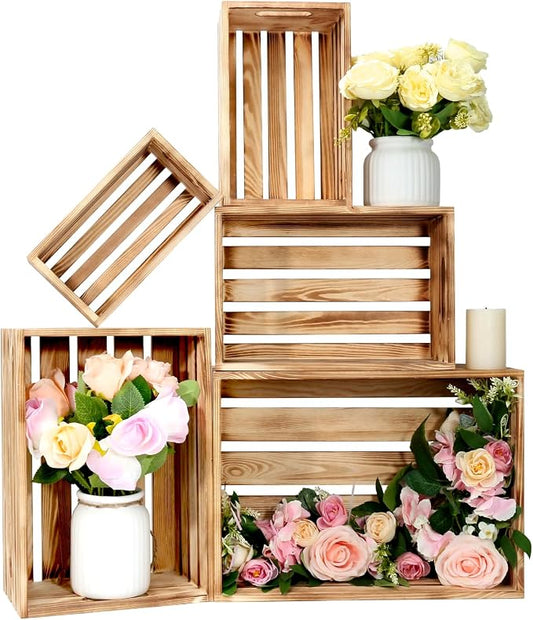 5 Pcs Wooden Crates for Display, Nesting Wood Crate for Storage, 5 Size | Farmhouse Weddings Wooden Basket for Storage Container and Decorations, Rustic Wood Crates for Farmers Market, Birthday, DIY