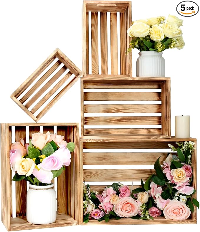 5 Pcs Wooden Crates for Display, Nesting Wood Crate for Storage, 5 Size | Farmhouse Weddings Wooden Basket for Storage Container and Decorations, Rustic Wood Crates for Farmers Market, Birthday, DIY