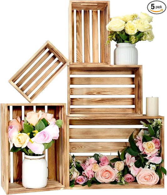 5 Pcs Wooden Crates for Display, Nesting Wood Crate for Storage, 5 Size | Farmhouse Weddings Wooden Basket for Storage Container and Decorations, Rustic Wood Crates for Farmers Market, Birthday, DIY
