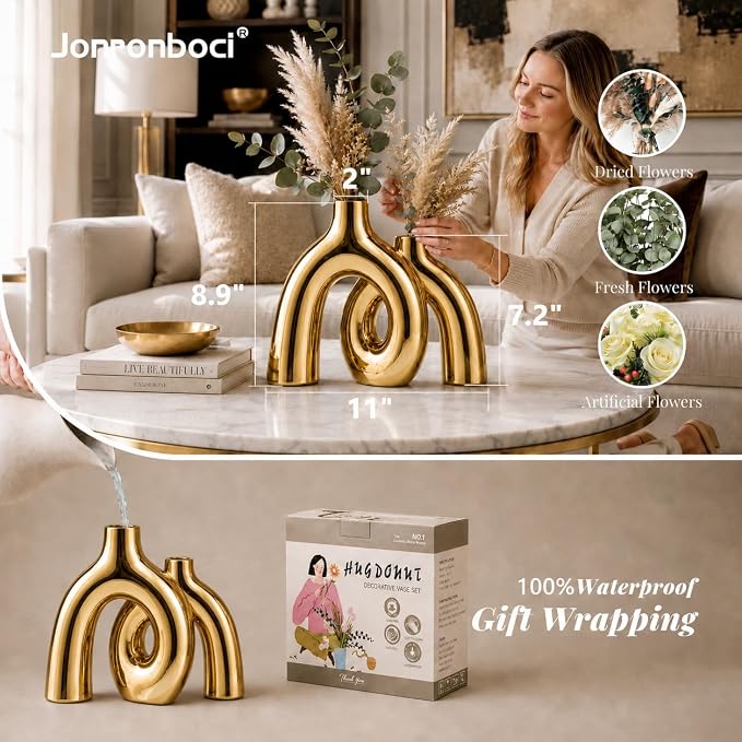 Hug Donut Decorative Vase Set - Golden Modern Classic Transitional Style Vases Home Decor, Matte Ceramic Decorations for Living Room Shelf, Bookshelf Mantle Entryway Table or Console Décor (Gold)