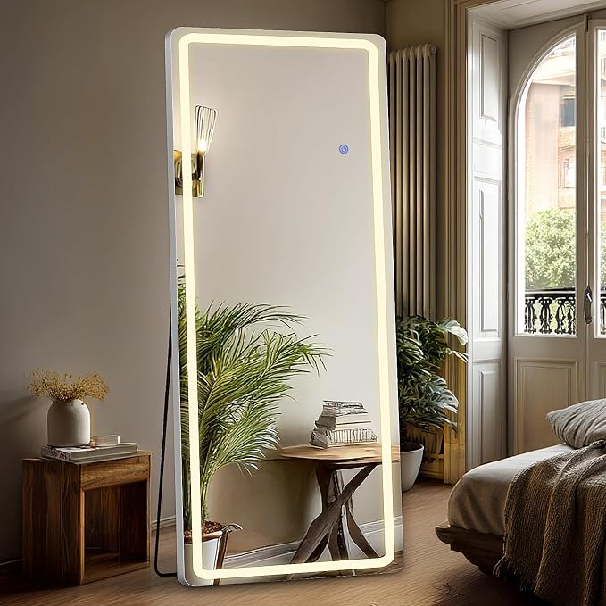 DUMOS LED Mirror Full Length with Stand, 20"x63" Full Body Wall Mirror | LED Lights 3 Color Lighting and Shatterproof Tempered Glass, Wall Hanging or Leaning, Floor Standing, Modern Home Decor