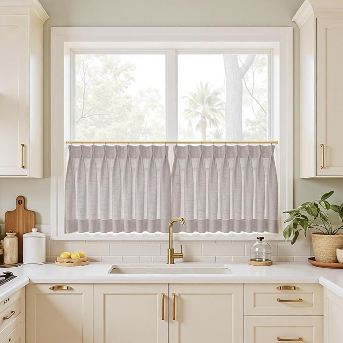 TWOPAGES 34" W x 30" L Linen Blend Cafe Curtains for Kitchen Window, Light Filtering Pinch Pleated Tier Curtains, Modern Farmhouse Half Window Curtains for Small Window, Rock Grey, 2 Panels