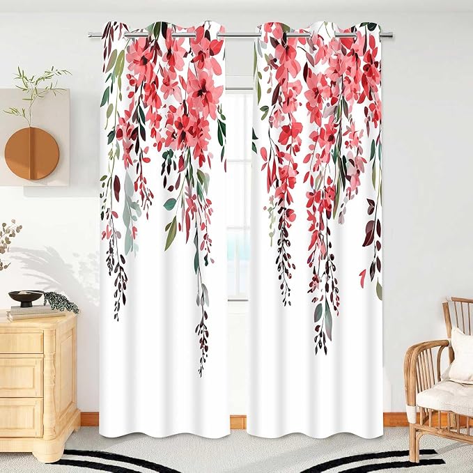 Red Watercolor Floral Curtains, Botanical Leaves Vine Flowers Curtain, Rustic Farmhouse Flower Leaf Blackout Window Treatment Drapes for Bedroom Living Room 42x72 inch, 2 Panels