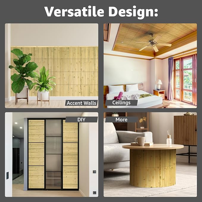 Art3d Natural Bamboo Wall Panel for Interior Wall Decor, Renewable Pole Wrap Wainscoting Paneling for Wall Ceiling Furniture Cabinet Office, 12 x 96 Inch - Natural, 1-Pack