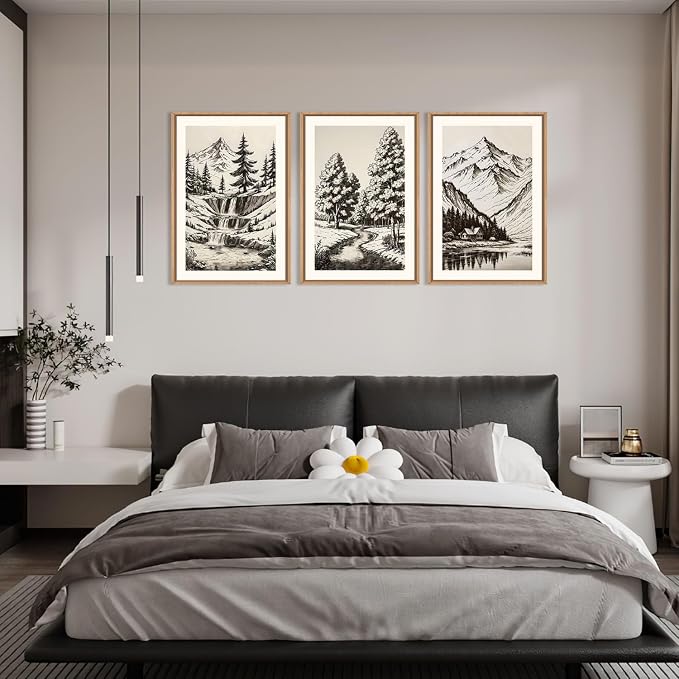 HOURIA Vintage Sketch Pine Tree Mountain Framed Canvas Wall Art Set,Moody Retro Antique Wilderness Botanical Ridge Decor,Modern Natural Black White Artwork for Living Room,Bedroom,Farmhouse- 16"x24"x3