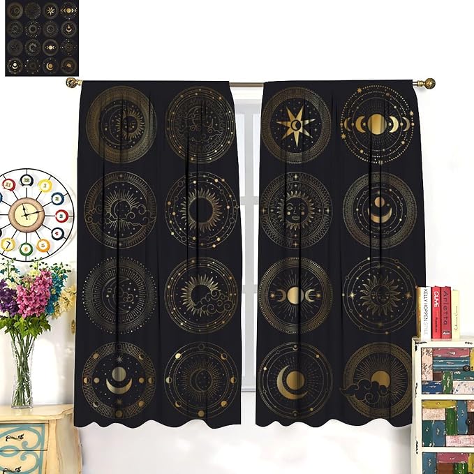 Bohemian Sun Moon Star Blackout Curtains, Golden Retro Style Sun and Moon Pattern Print Window Drapes, for Living Room Bedroom 72x63in 2 Panels