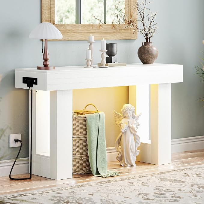 Unikito 47" Entryway Table with Socket and Sensor Light, Narrow Console Table with Storage Behind Couch, Farmhouse Entry Way Tables with Open Storage for Entrance/Hallway/Living Room, Rustic White