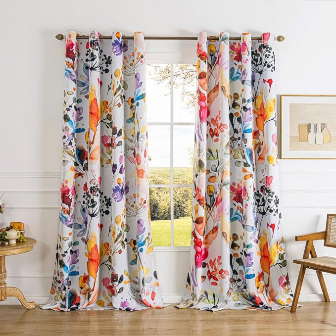Boho Watercolor Floral Blackout Curtains 84 inches long Bohemian Flower Colorful Leaf Print Pattern Drapes Decor Home Bedroom Living Room Darkening Grommet Window Treatments 2 Panels Set,42x84 Inch