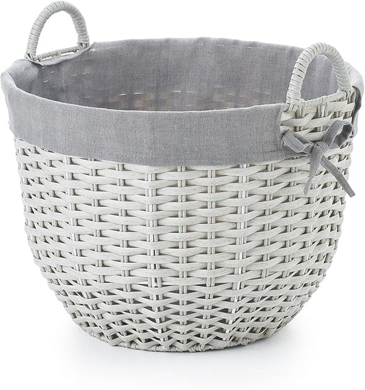 Large Round Tonal Faux Wicker Storage Bin with Liner and Handles