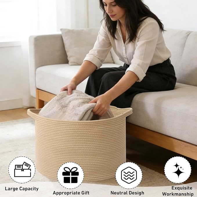 65L Large Blanket Basket,Woven Rope Laundry Basket Hamper with Handles,Decorative Nursery Basket Storage Bin for Toys, Pillows , Clothes Organizer, Living Room, Bedroom, Bathroom, Camel
