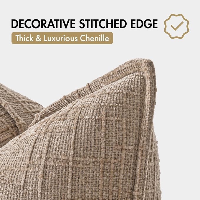 MIULEE Slubby Textured Decorative Throw Pillow Covers 18x18 Inch Set of 2 Boho Farmhouse Soft Cozy Chenille Pillows Cushion Cases Modern Neutral Home Decor for Couch Sofa Bed Living Room, Oatmeal