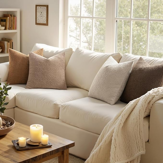 MIULEE Pack of 4 Fall Decorative Textured Boucle Throw Pillow Covers | 18x18 Inch Neutral Brown Accent Solid Pillow Cases Couch Cushion Covers for Modern Farmhouse Boho Sofa Bed room Home Decor