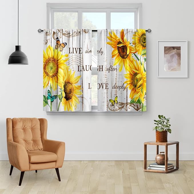 Aimego Sunflower Country Floral Kitchen Curtains - Rustic Vintage Flowers Farmhouse Short Cafe Curtains Retro Butterfly Decor for Living Room Window Drapes 36 Inch Length 2 Panels Set