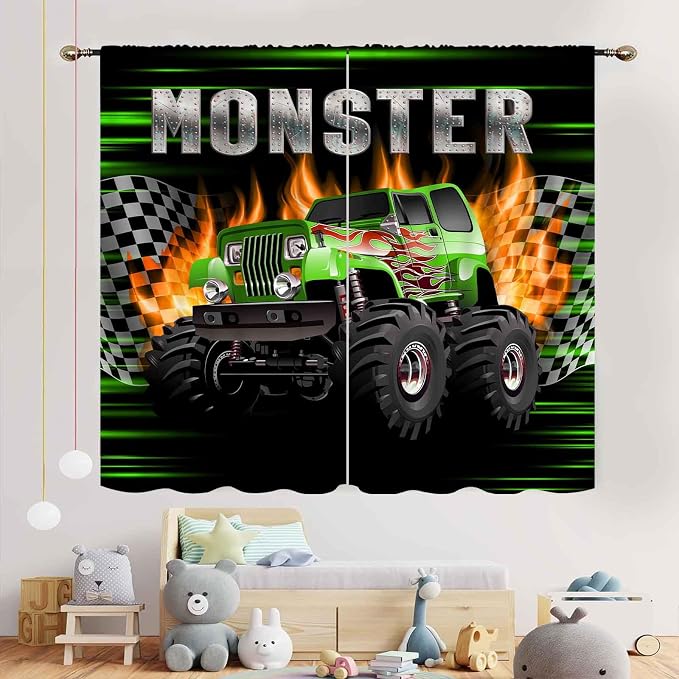 Truck Curtains for Boys Room, Burning Flame Tractor Truck Car Cool Monster Checkered Racing Flag Window Drapery Treatments for Boys Kids Bedroom Living Room Playroom Nursery 2 Panels, 42"x63" Inch