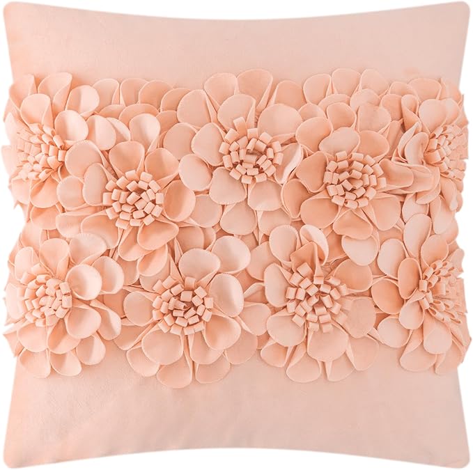 JWH Handmade 3D Flower Throw Pillow Covers Decorative Floral Accent Cushion Cover Velvet Pillowcase for Car Bed Couch Bedroom Decor 18x18 Inch Blush Pink