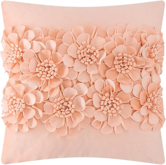 JWH Handmade 3D Flower Throw Pillow Covers Decorative Floral Accent Cushion Cover Velvet Pillowcase for Car Bed Couch Bedroom Decor 18x18 Inch Blush Pink
