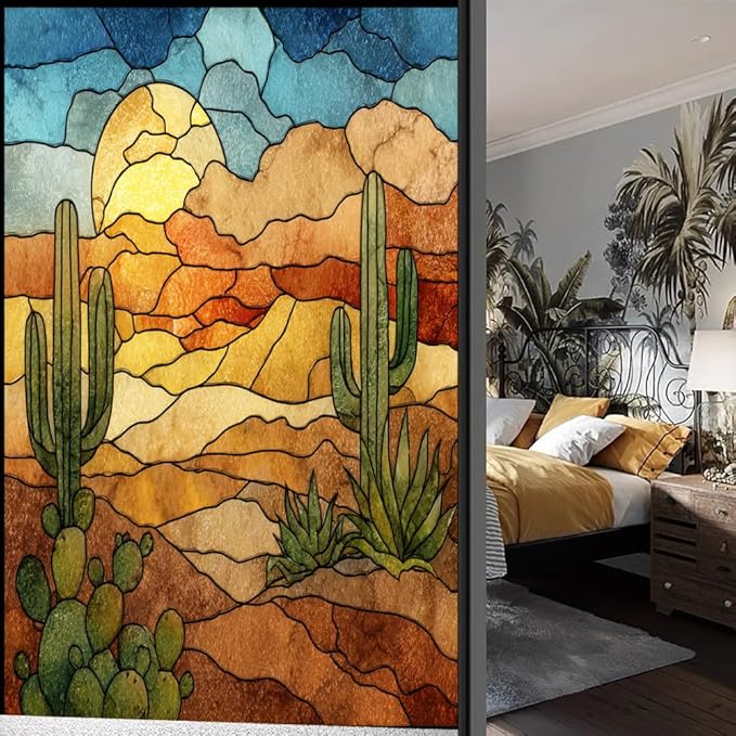Sunset Desert Landscape Frosted Window Film, Retro Cactus Plant Texture Stained Glass Privacy Film, Heat Insulation Self-Adhesive Vinyl for Bathroom Office, 21.6Wx31.5L inch