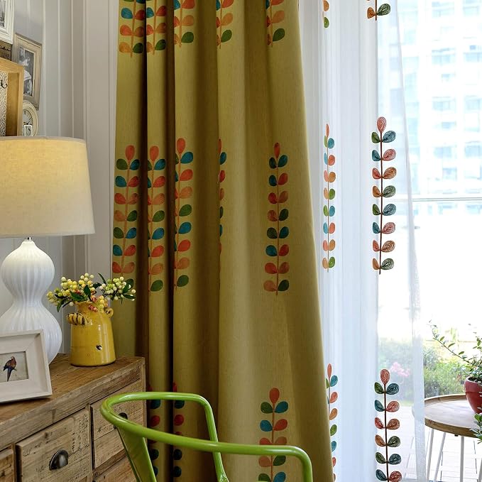 VOGOL Linen Curtains 96 Inches Long, Colorful Leaves Embroidered Grommet Drapes and Curtain Panels for Living Room/Bedroom, W52 X L96, 2 Pieces