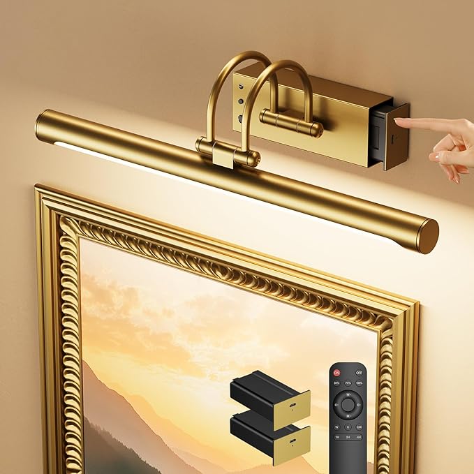 Battery Operated Picture Light with Remote, 15.7″ Wireless Wall Light for Artwork & Frames, Rechargeable LED Gallery Lamp, Dimmable with Timer, Adjustable Metal Design, Electroplated Gold Finish