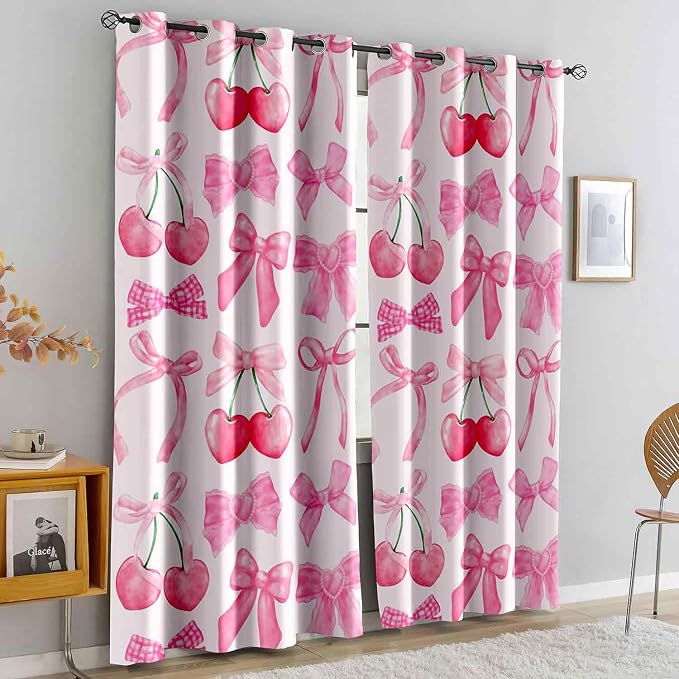 LUVIVIHOME Cute Cherry Blackout Curtains, Pink Bow Curtains for Girls Bedroom Living Room, Aesthetic Bowknot Girly Preppy Coquette Room Decor, Grommet Window Drapes 2 Panel Sets, 52x84 Inch