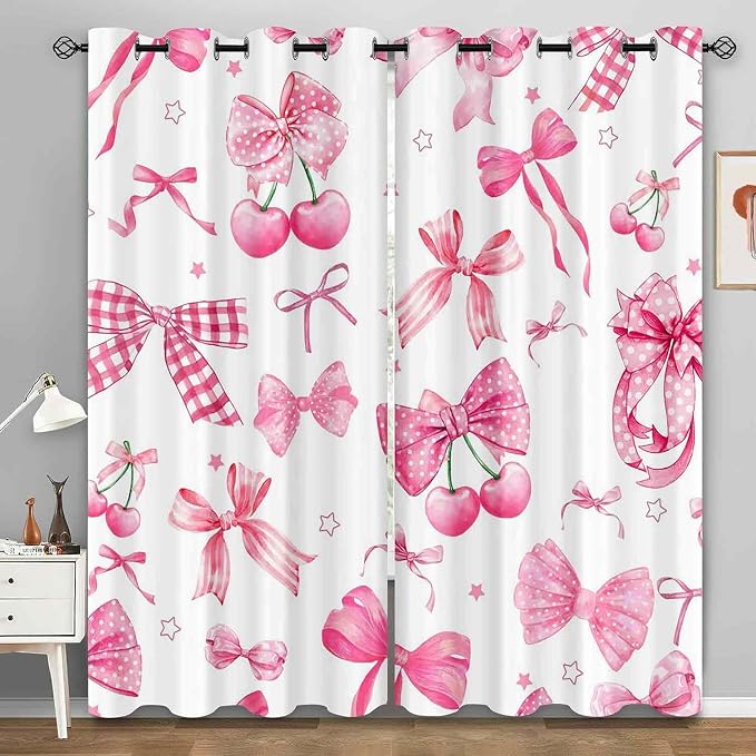 LUVIVIHOME Cute Cherry Blackout Curtains, White Pink Bow Curtains for Girls Bedroom Living Room, Aesthetic Bowknot Girly Preppy Coquette Room Decor, Grommet Window Drapes 2 Panel Sets, 52x63 Inch