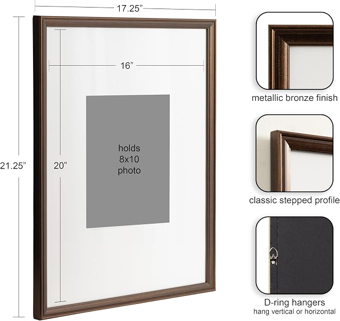 Kate and Laurel Adlynn Rectangle Picture Frame Set of 3; 16 x 20 matted to 8 x 10; Bronze; Vintage Three-Piece Frame Set for Gallery Wall Frame Set in Living Room Wall Decor