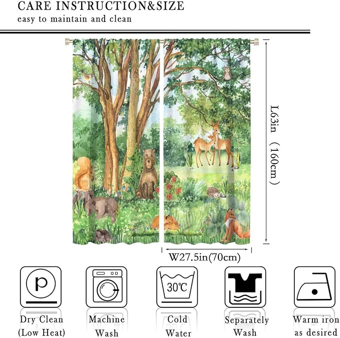 YCness Forest Animal Curtains, Watercolor Wild Animal Bear Fox Deer Kids Window Treatments for Living Room Bedroom,Green Woodland Tree Kids Drapes 2 Panel Sets,55x63 Inch, Style-1
