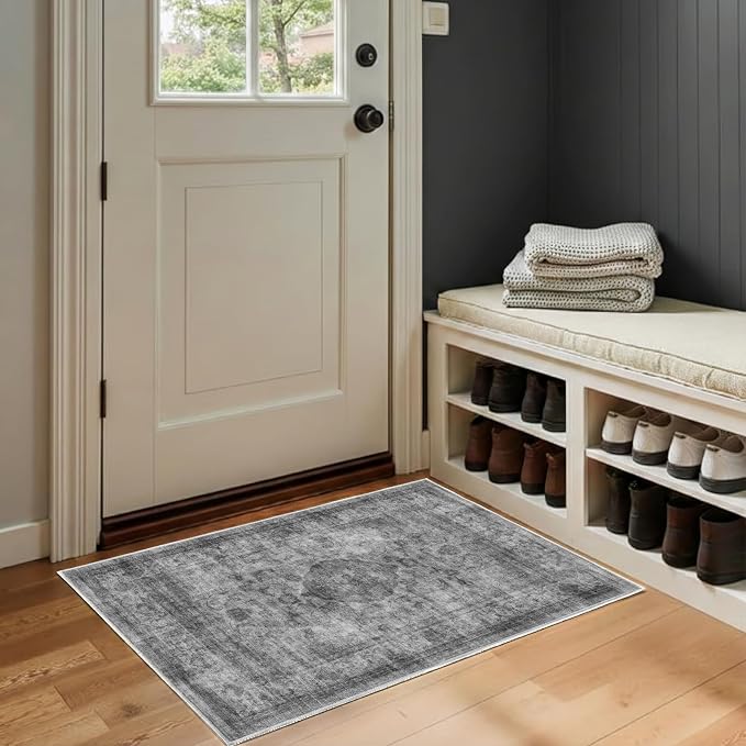 2x3 Rug for Entryway Hallway-Vintage Farmhouse Boho Floral Neutral Washable Stain Resistant Indoor Rugs for Home Decor(Ashen Black)