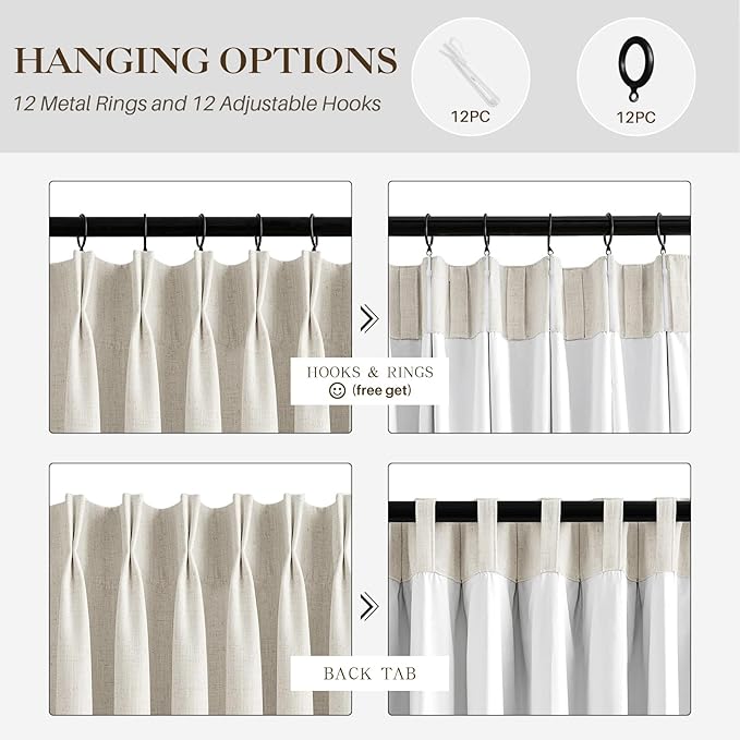 Natural Linen Blend Pinch Pleated 100% Blackout Curtains for Bedroom - 2 Pages Black Out Curtains 120 Inch Long 2 Panel for Living Room Darkening Thermal Window Curtain Drapes with 16pc Hooks, Thick