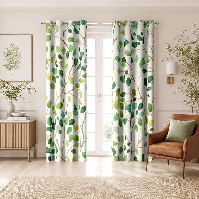 Boho Green Leaf Floral Blackout Curtains, Watercolor Bohemian Flower Print Window Drapes, Living Room Bedroom Decor 2 Panels 52x84 Inch