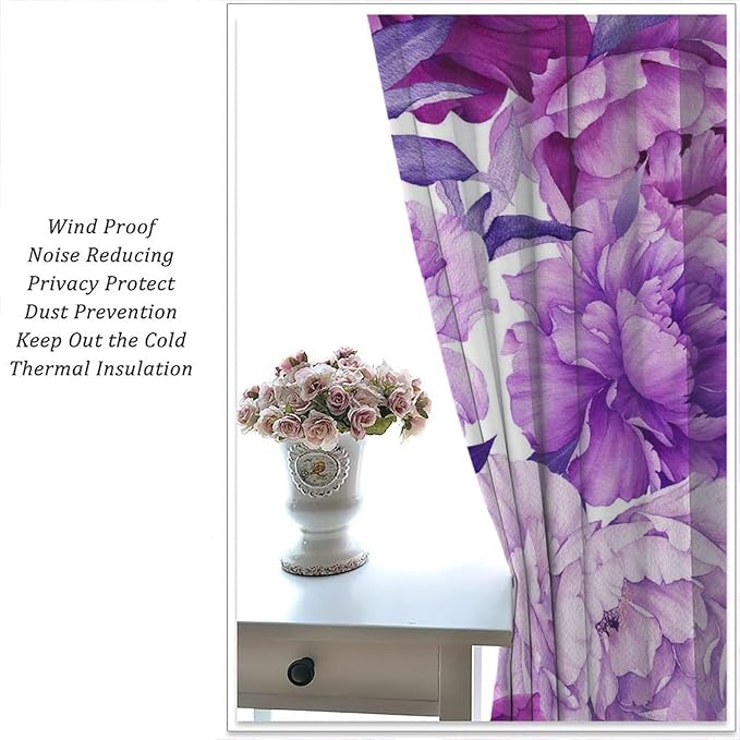 Floral Blackout Window Curtain Purple Blooming Flowers Style Print for Home Kitchen Restaurant Decoration Drapes 2 Panels 55x63in