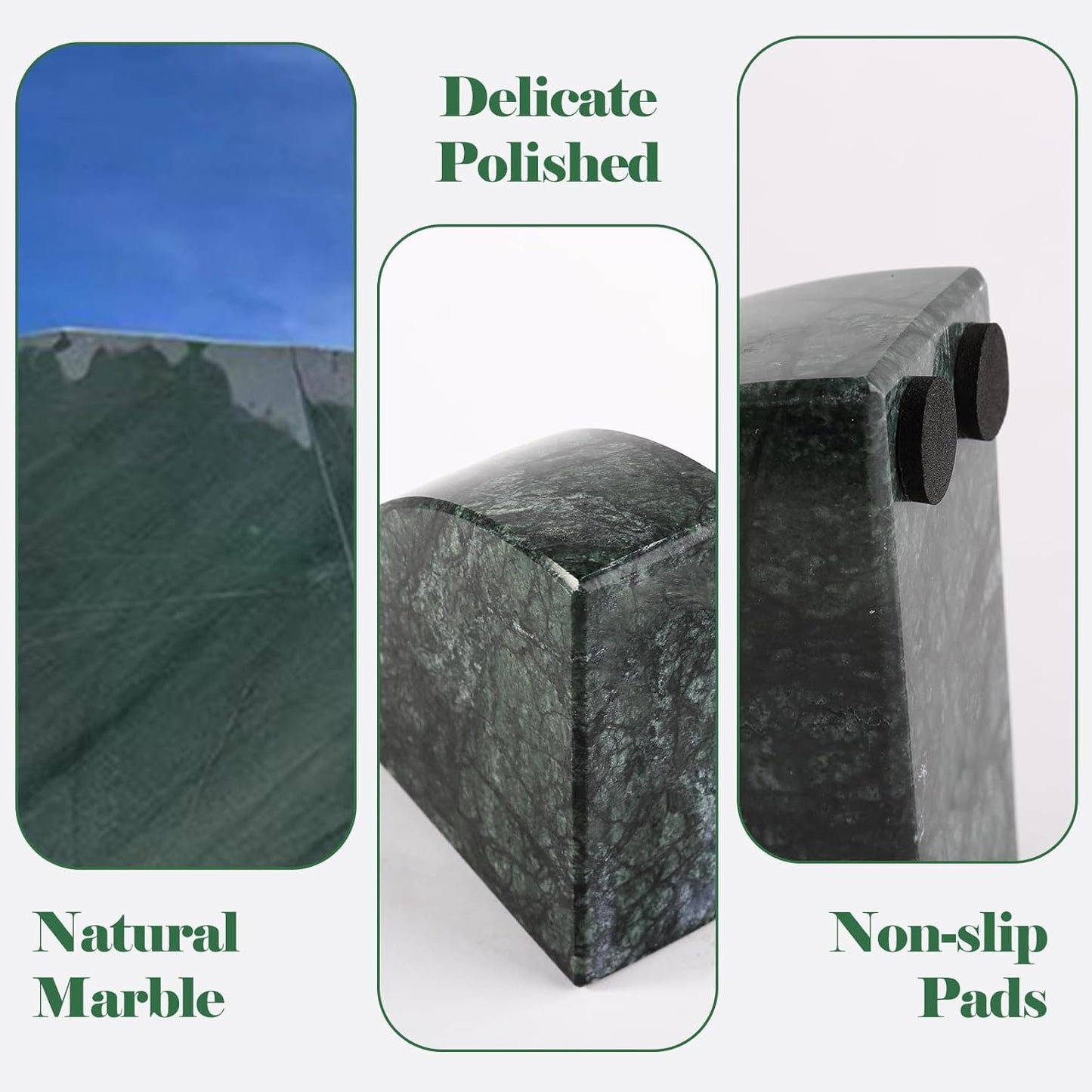 Marble Bookend for Shelves, Non-Skid Bookends for Heavy Books, Heavy Duty Book Stopper for CDs, Luxury Book Shelf Holder, Quarter Circle Design Book Ends Decorative, Indian Green, Set of 2