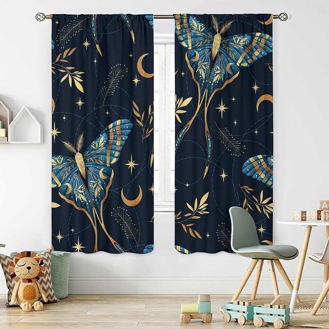 Witchy Curtains, Goth Curtains, Moth Decor, Star Curtains, Moth Curtains Darkening Curtains Botanical Curtains for Bedroom Living Room W84xL84 Inch