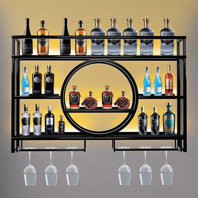 Metal Wine Rack Wall Mounted with LED Light, 3-Tier Bar Liquor Shelf with Wine Glass Holder, Modern Large Capacity Liquor Bottle Display Storage Shelf for Home Bar, Dining Room(Black, 120*80*15)