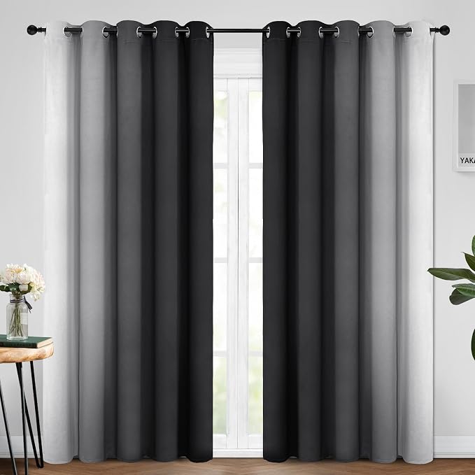 Yakamok Ombre Curtains Black and Greyish White for Living Room,62Wx84L | Room Darkening Curtains 84,Thermal Insulated Gradient Color Drape,Light Blocking Grommet Window Curtains for Bedroom,2 Panels