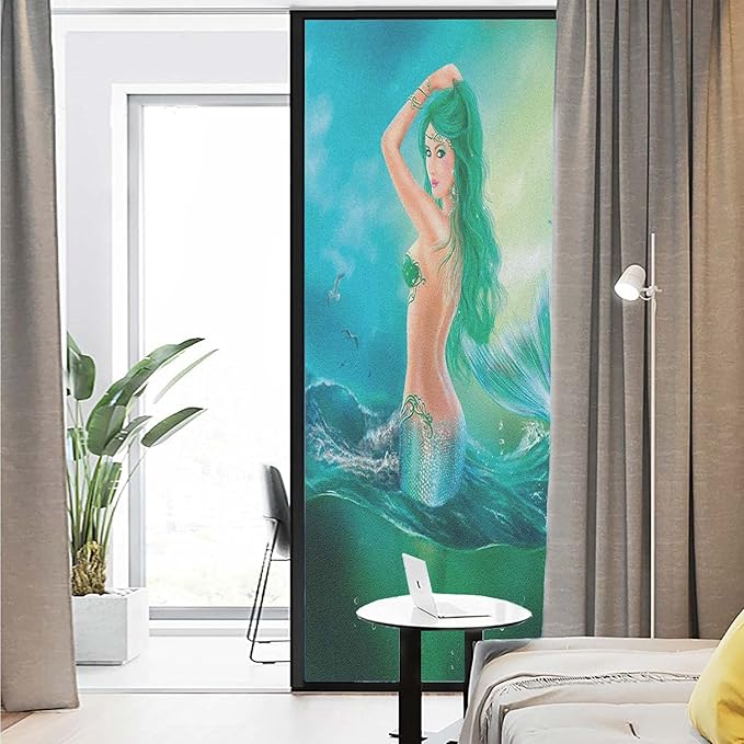 Underwater Pattern Window Privacy Film,Mermaid in Ocean on Waves Tail Sea Creatures Dramatic Sky Dark Clouds Print Window Stickers Film,Window Film Privacy Decorative,35.4" x 78.7" Blue Green