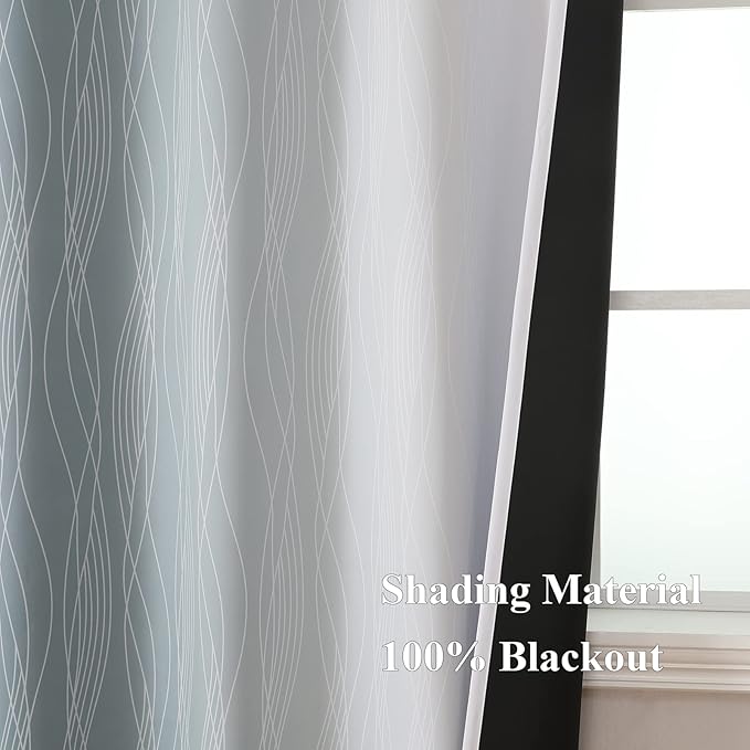 Estelar Textiler Stone Blue and Greyish White Blackout Curtains 45 Inch Length 2 Panels, Light Blocking Gradient Drapes for Bedroom, Thermal Insulated Grommet Ombre Curtains for Bathroom,52Wx45L